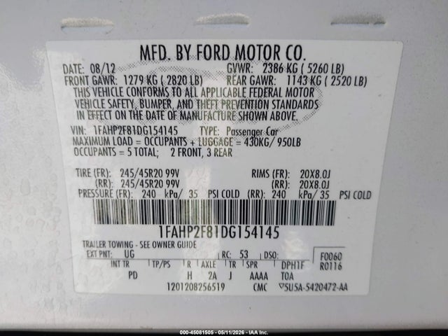 Продаж на аукціоні авто 2013 Ford Taurus Limited, vin: 1FAHP2F81DG154145, номер лоту: 45081505