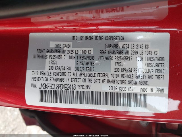 45081513 :رقم المزاد ، JM3KFBCL8R0492418 vin ، 2024 Mazda Cx-5 2.5 S Preferred مزاد بيع