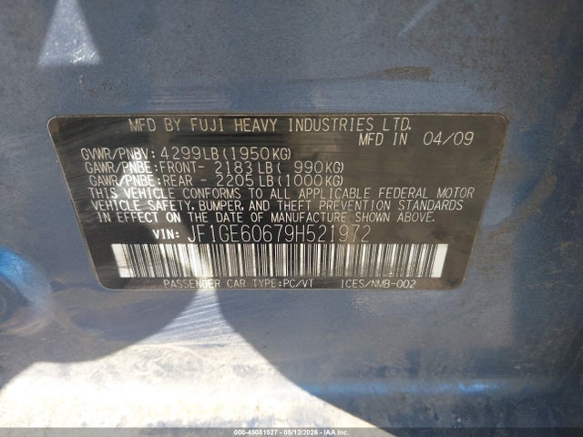 45081527 :رقم المزاد ، JF1GE60679H521972 vin ، 2009 Subaru Impreza 2.5i مزاد بيع