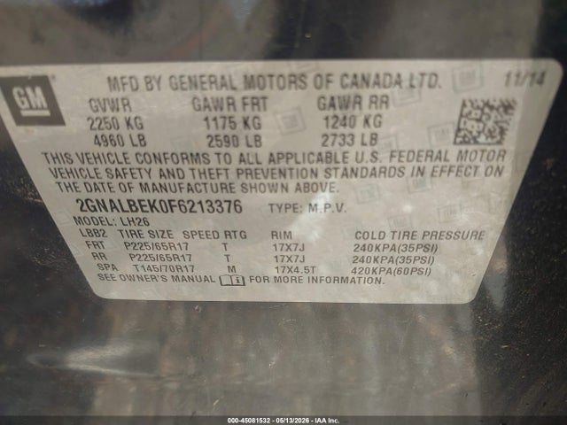 2015 Chevrolet Equinox 1lt მანქანა იყიდება აუქციონზე, vin: 2GNALBEK0F6213376, აუქციონის ნომერი: 45081532