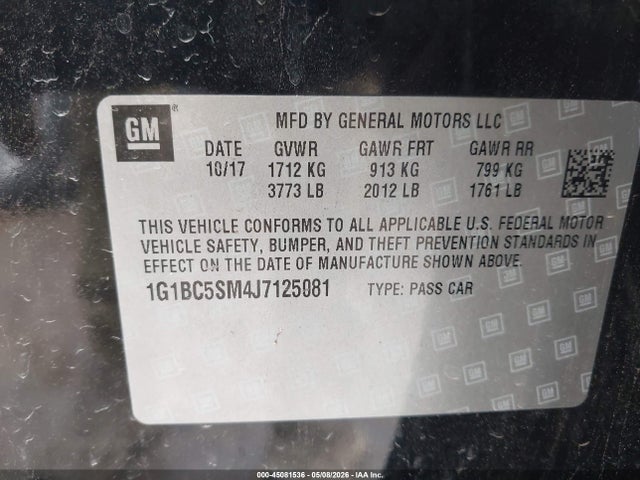 2018 Chevrolet Cruze Ls Auto მანქანა იყიდება აუქციონზე, vin: 1G1BC5SM4J7125081, აუქციონის ნომერი: 45081536