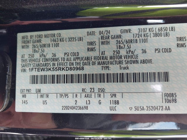 Продажа на аукционе авто 2024 Ford F-150 Xlt, vin: 1FTEW3K55RKD80968, номер лота: 45081538
