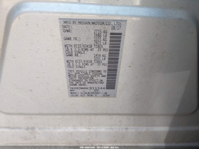 2017 Nissan Pathfinder S მანქანა იყიდება აუქციონზე, vin: 5N1DR2MN4HC911544, აუქციონის ნომერი: 45081545