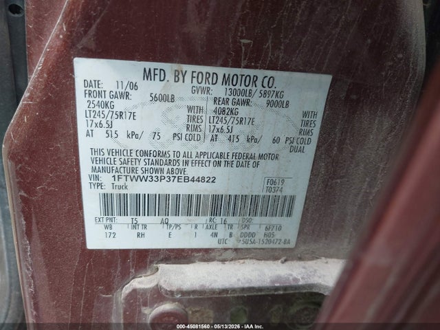 Продаж на аукціоні авто 2007 Ford F-350 Lariat/xl/xlt, vin: 1FTWW33P37EB44822, номер лоту: 45081560