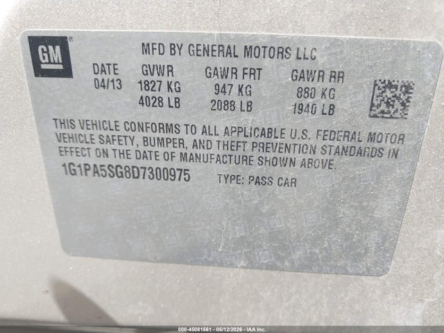 Продаж на аукціоні авто 2013 Chevrolet Cruze Ls Auto, vin: 1G1PA5SG8D7300975, номер лоту: 45081561