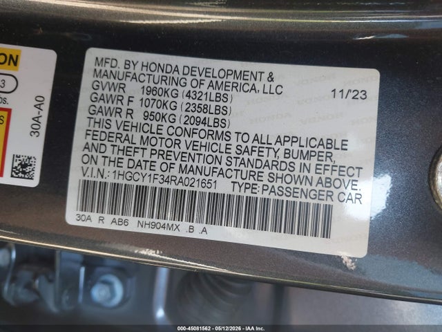 Aukcja sprzedaży 2024 Honda Accord Ex, vin: 1HGCY1F34RA021651, numer aukcji: 45081562
