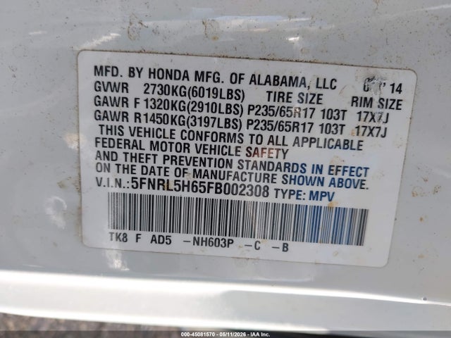 Honda Odyssey Ex-l 2015 5FNRL5H65FB002308 Image 9
