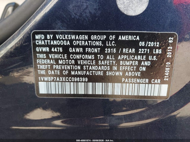 45081574 :رقم المزاد ، 1VWBP7A3XCC096399 vin ، 2012 Volkswagen Passat 2.5l Se مزاد بيع