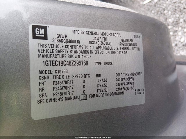 Продажа на аукционе авто 2008 Gmc Sierra 1500 Work Truck, vin: 1GTEC19C48Z295739, номер лота: 45081592