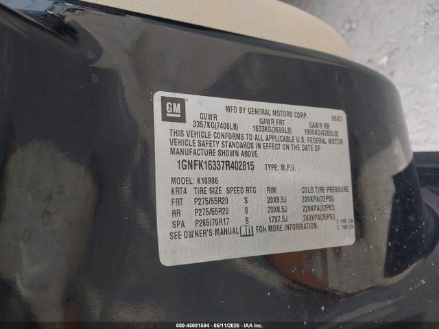 Aukcja sprzedaży 2007 Chevrolet Suburban 1500 Ltz, vin: 1GNFK16337R402815, numer aukcji: 45081594