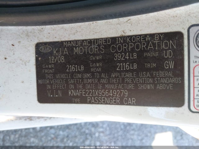 Продаж на аукціоні авто 2009 Kia Spectra Lx, vin: KNAFE221X95649279, номер лоту: 45081602