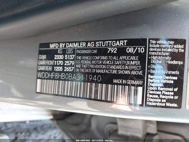 Aukcja sprzedaży 2011 Mercedes-benz E 350 4matic, vin: WDDHF8HB0BA311940, numer aukcji: 45081604