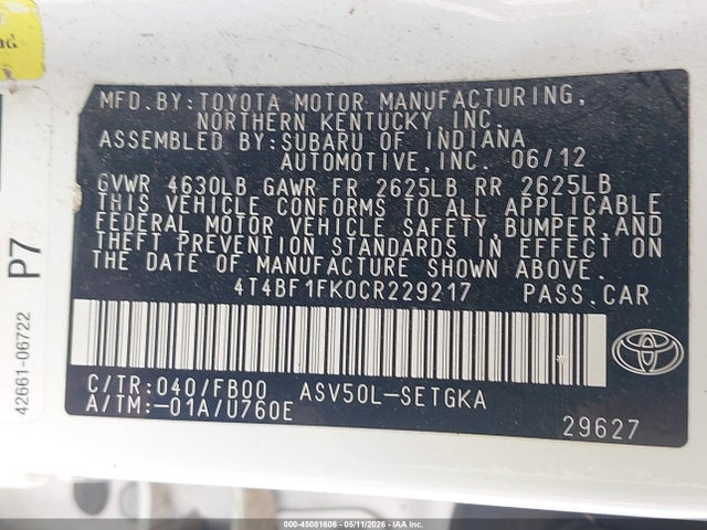 2012 Toyota Camry Xle მანქანა იყიდება აუქციონზე, vin: 4T4BF1FK0CR229217, აუქციონის ნომერი: 45081606