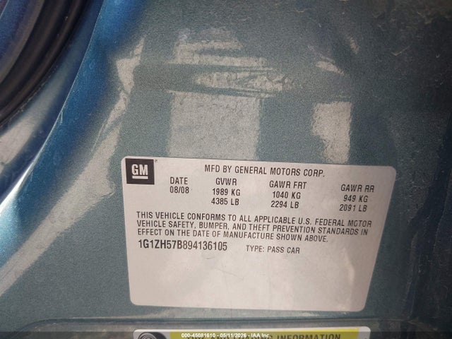 45081610 :رقم المزاد ، 1G1ZH57B894136105 vin ، 2009 Chevrolet Malibu Lt مزاد بيع