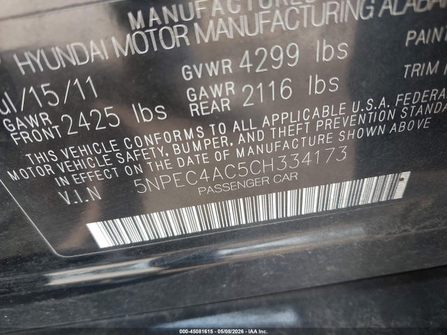 2012 Hyundai Sonata Se მანქანა იყიდება აუქციონზე, vin: 5NPEC4AC5CH334173, აუქციონის ნომერი: 45081615