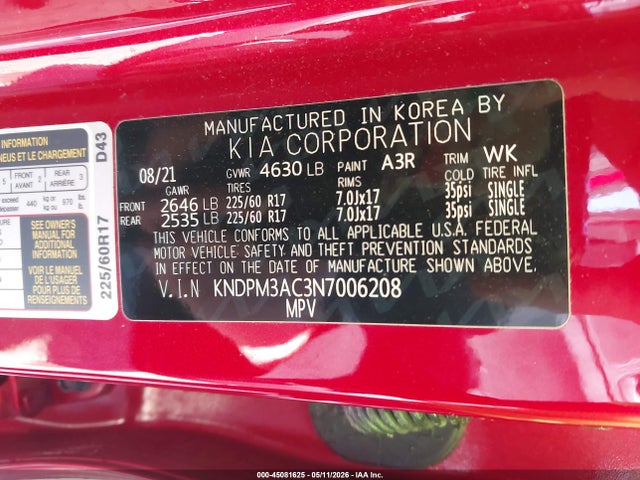 Продаж на аукціоні авто 2022 Kia Sportage Lx, vin: KNDPM3AC3N7006208, номер лоту: 45081625