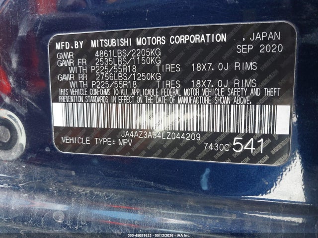 Aukcja sprzedaży 2020 Mitsubishi Outlander Es 2.4 S-awc/le 2.4 S-awc/se 2.4 S-awc/sel 2.4 S-awc/sp 2.4 S-awc, vin: JA4AZ3A34LZ044209, numer aukcji: 45081633