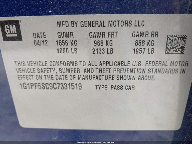 Продаж на аукціоні авто 2012 Chevrolet Cruze 1lt, vin: 1G1PF5SC9C7331519, номер лоту: 45081634