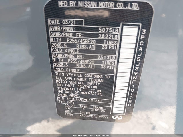 Auction sale of the 2022 Infiniti Qx55 Luxe Awd, vin: 3PCAJ5J39NF101280, lot number: 45081637