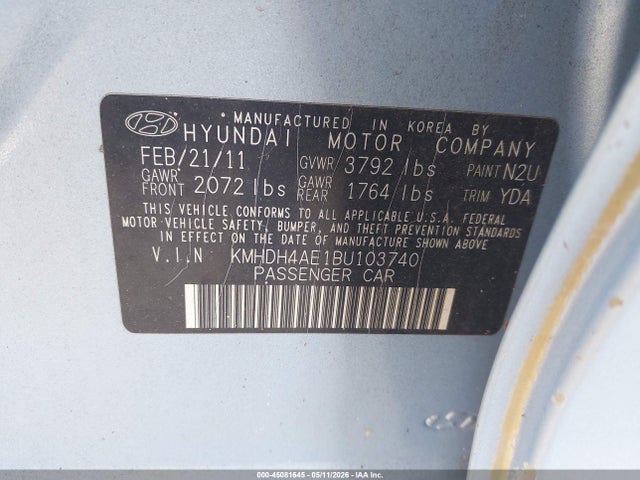 45081645 :رقم المزاد ، KMHDH4AE1BU103740 vin ، 2011 Hyundai Elantra Gls (ulsan Plant) مزاد بيع