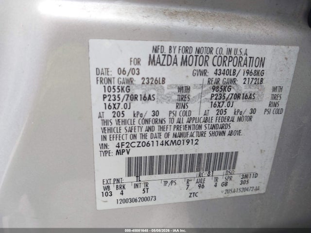 45081648 :رقم المزاد ، 4F2CZ06114KM01912 vin ، 2004 Mazda Tribute Es V6 مزاد بيع