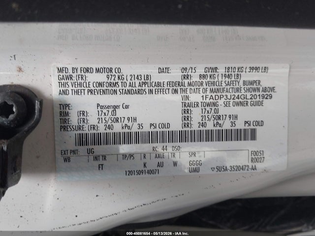 Продажа на аукционе авто 2016 Ford Focus Titanium, vin: 1FADP3J24GL201929, номер лота: 45081654