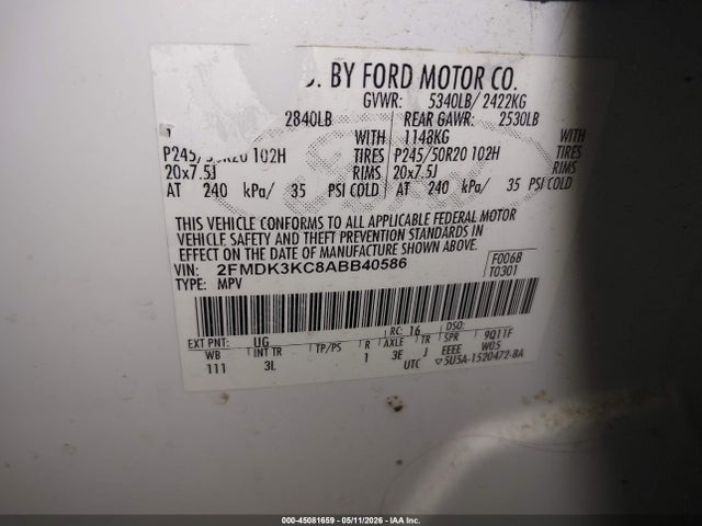 45081659 :رقم المزاد ، 2FMDK3KC8ABB40586 vin ، 2010 Ford Edge Limited مزاد بيع