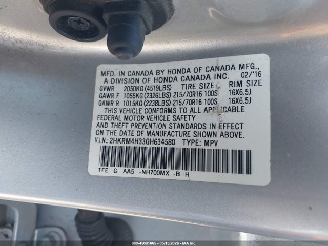 2016 Honda Cr-v Lx მანქანა იყიდება აუქციონზე, vin: 2HKRM4H33GH634580, აუქციონის ნომერი: 45081665