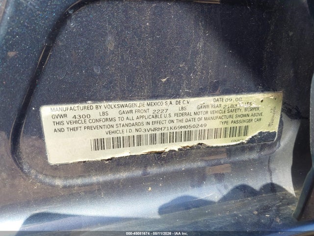 2009 Volkswagen Jetta Se/sel მანქანა იყიდება აუქციონზე, vin: 3VWRM71K69M050249, აუქციონის ნომერი: 45081674