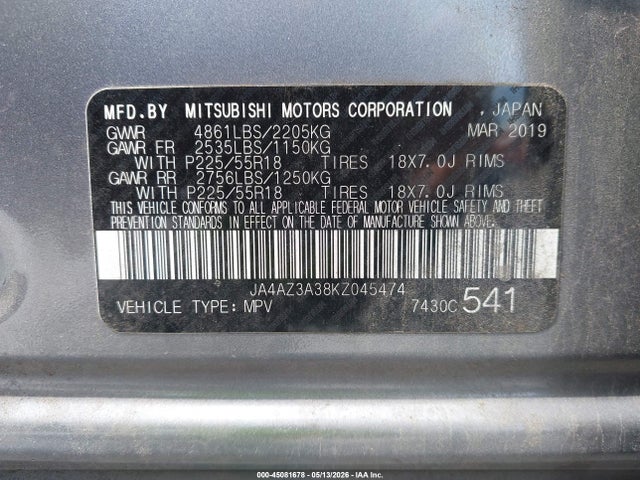 Aukcja sprzedaży 2019 Mitsubishi Outlander Se, vin: JA4AZ3A38KZ045474, numer aukcji: 45081678