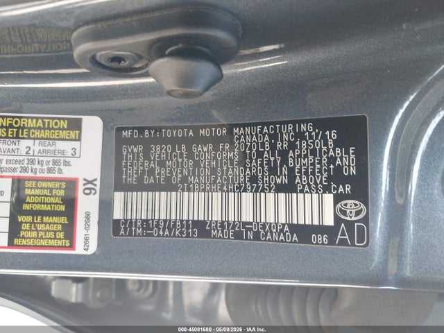 45081680 :رقم المزاد ، 2T1BPRHE4HC797752 vin ، 2017 Toyota Corolla Le Eco مزاد بيع