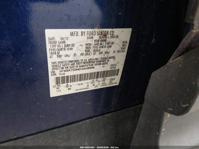 Aukcja sprzedaży 2013 Ford Explorer Xlt, vin: 1FM5K7D94DGA49566, numer aukcji: 45081687