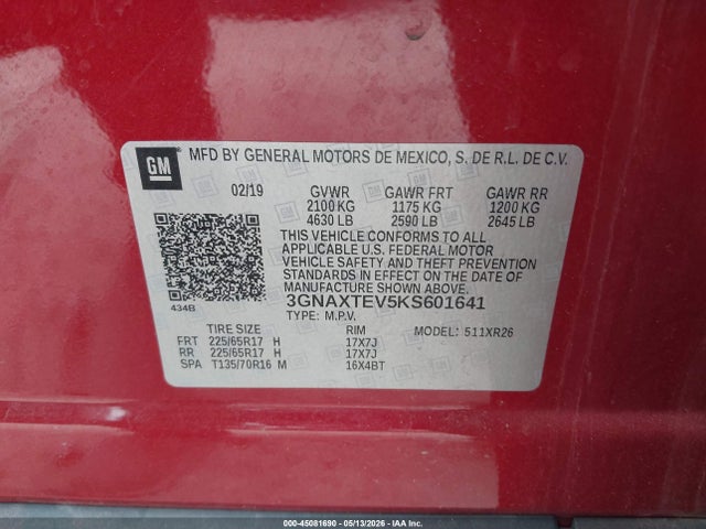 2019 Chevrolet Equinox Lt მანქანა იყიდება აუქციონზე, vin: 3GNAXTEV5KS601641, აუქციონის ნომერი: 45081690