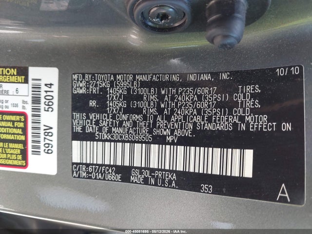 Aukcja sprzedaży 2011 Toyota Sienna Le V6, vin: 5TDKK3DCXBS089505, numer aukcji: 45081695