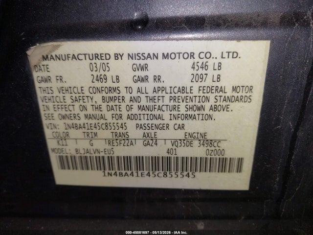 Продажа на аукционе авто 2005 Nissan Maxima 3.5 Sl, vin: 1N4BA41E45C855545, номер лота: 45081697