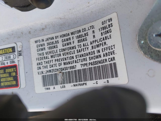 45081708 :رقم المزاد ، JHMZE2H70AS019867 vin ، 2010 Honda Insight Ex مزاد بيع