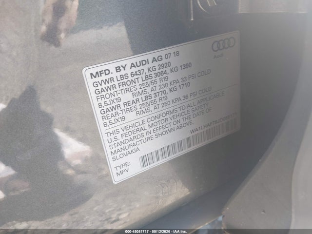 45081717 :رقم المزاد ، WA1LHAF78JD055171 vin ، 2018 Audi Q7 2.0t Premium مزاد بيع