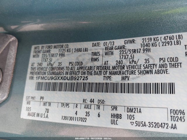 45081718 :رقم المزاد ، 1FMCU9GXXDUB92725 vin ، 2013 Ford Escape Se مزاد بيع