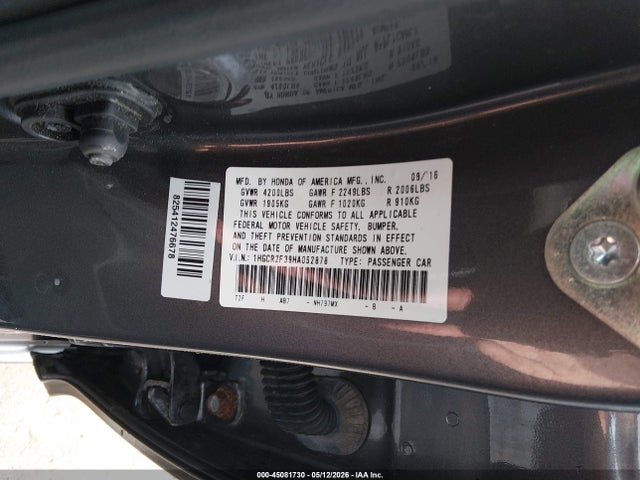 Продаж на аукціоні авто 2017 Honda Accord Lx, vin: 1HGCR2F39HA052878, номер лоту: 45081730