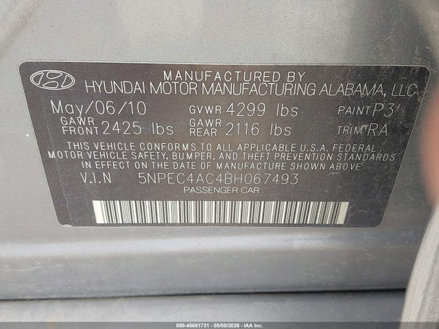 Aukcja sprzedaży 2011 Hyundai Sonata Se, vin: 5NPEC4AC4BH067493, numer aukcji: 45081731