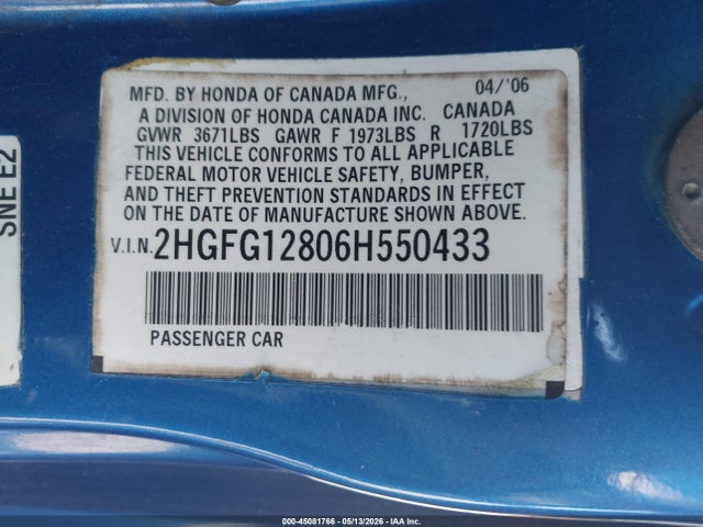 Продаж на аукціоні авто 2006 Honda Civic Ex, vin: 2HGFG12806H550433, номер лоту: 45081766