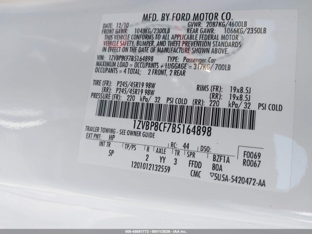 2011 Ford Mustang Gt Premium მანქანა იყიდება აუქციონზე, vin: 1ZVBP8CF7B5164898, აუქციონის ნომერი: 45081772