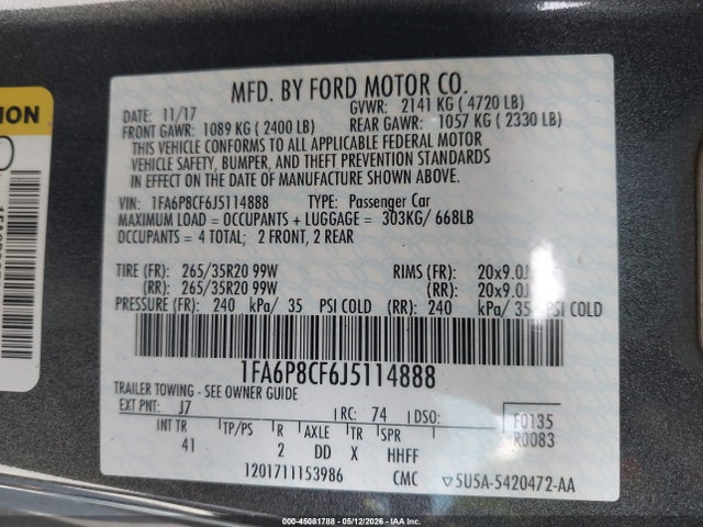Aukcja sprzedaży 2018 Ford Mustang Gt Premium, vin: 1FA6P8CF6J5114888, numer aukcji: 45081788