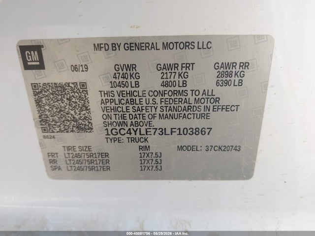 Продаж на аукціоні авто 2020 Chevrolet Silverado 2500hd 4wd  Standard Bed Wt, vin: 1GC4YLE73LF103867, номер лоту: 45081796