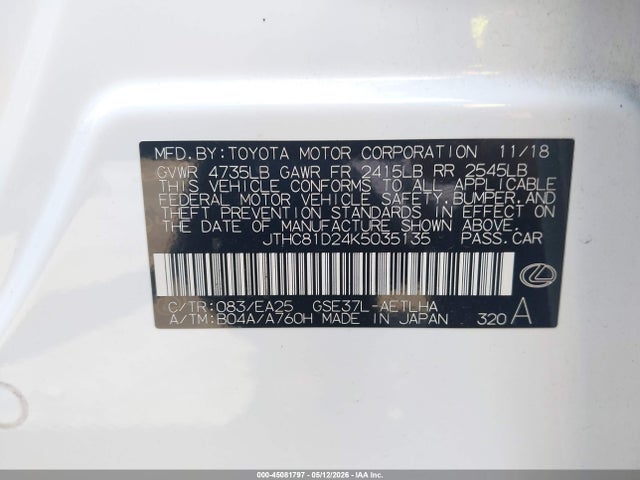 Aukcja sprzedaży 2019 Lexus Is 300, vin: JTHC81D24K5035135, numer aukcji: 45081797