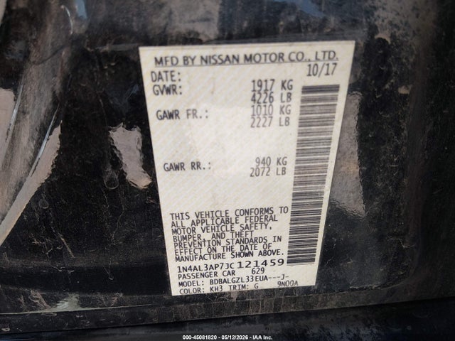 2018 Nissan Altima 2.5 S მანქანა იყიდება აუქციონზე, vin: 1N4AL3AP7JC121459, აუქციონის ნომერი: 45081820