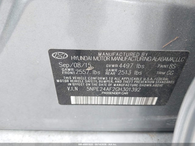 45081825 :رقم المزاد ، 5NPE24AF2GH301392 vin ، 2016 Hyundai Sonata Se مزاد بيع