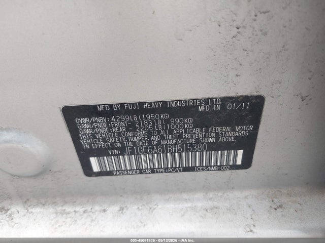 Продаж на аукціоні авто 2011 Subaru Impreza 2.5i, vin: JF1GE6A61BH515380, номер лоту: 45081836