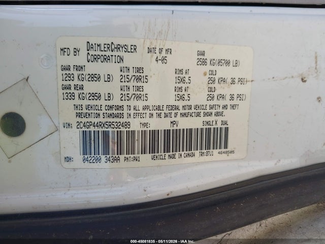 45081835 :رقم المزاد ، 2C4GP44RX5R532489 vin ، 2005 Chrysler Town & Country Lx مزاد بيع