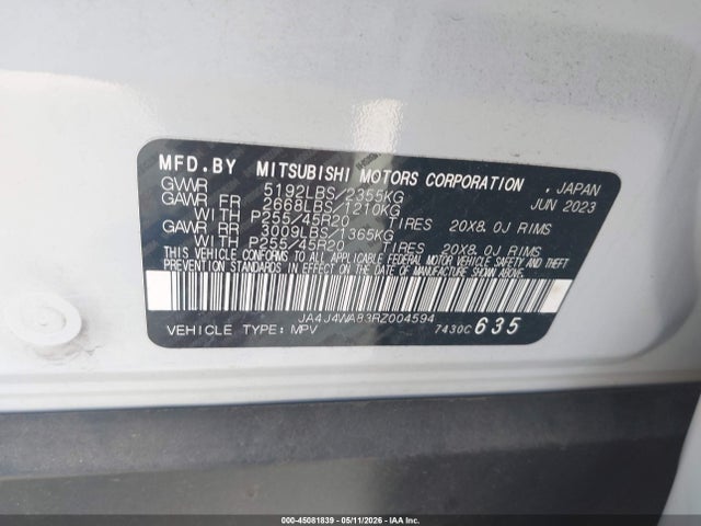 2024 Mitsubishi Outlander Sel 2.5 S-awc მანქანა იყიდება აუქციონზე, vin: JA4J4WA83RZ004594, აუქციონის ნომერი: 45081839